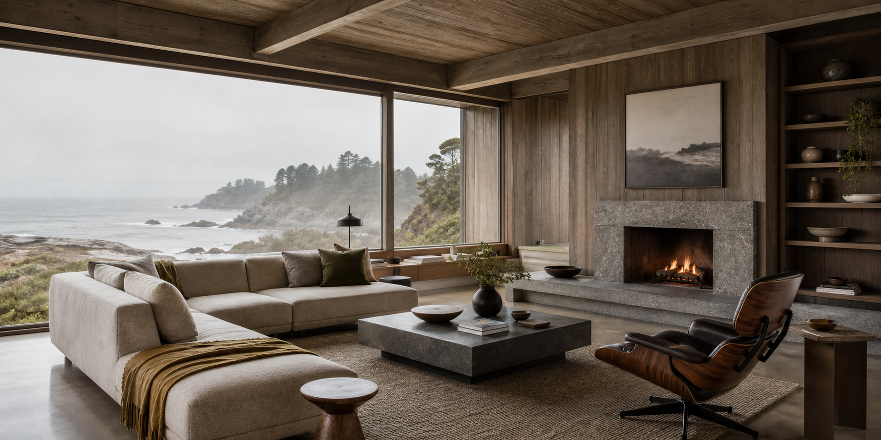 Warm California living room with layered neutral furnishings